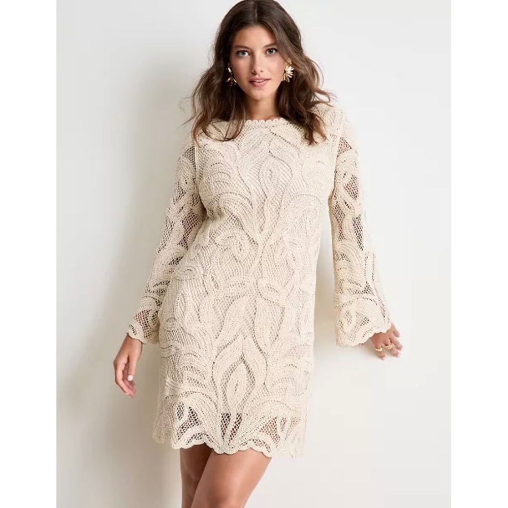 Alex Friedberg Crochet Shift Dress Lace Long Bell Sleeve Mini Women's Size XS